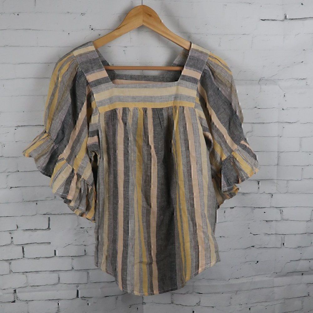beachlunchlounge Striped Square-Neck Blouse in Gray, Yellow, Cream